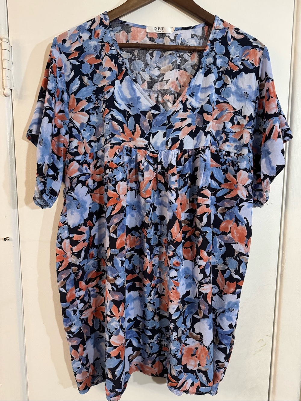 Floral V-Neck Tunic Top in Navy Blue and Coral